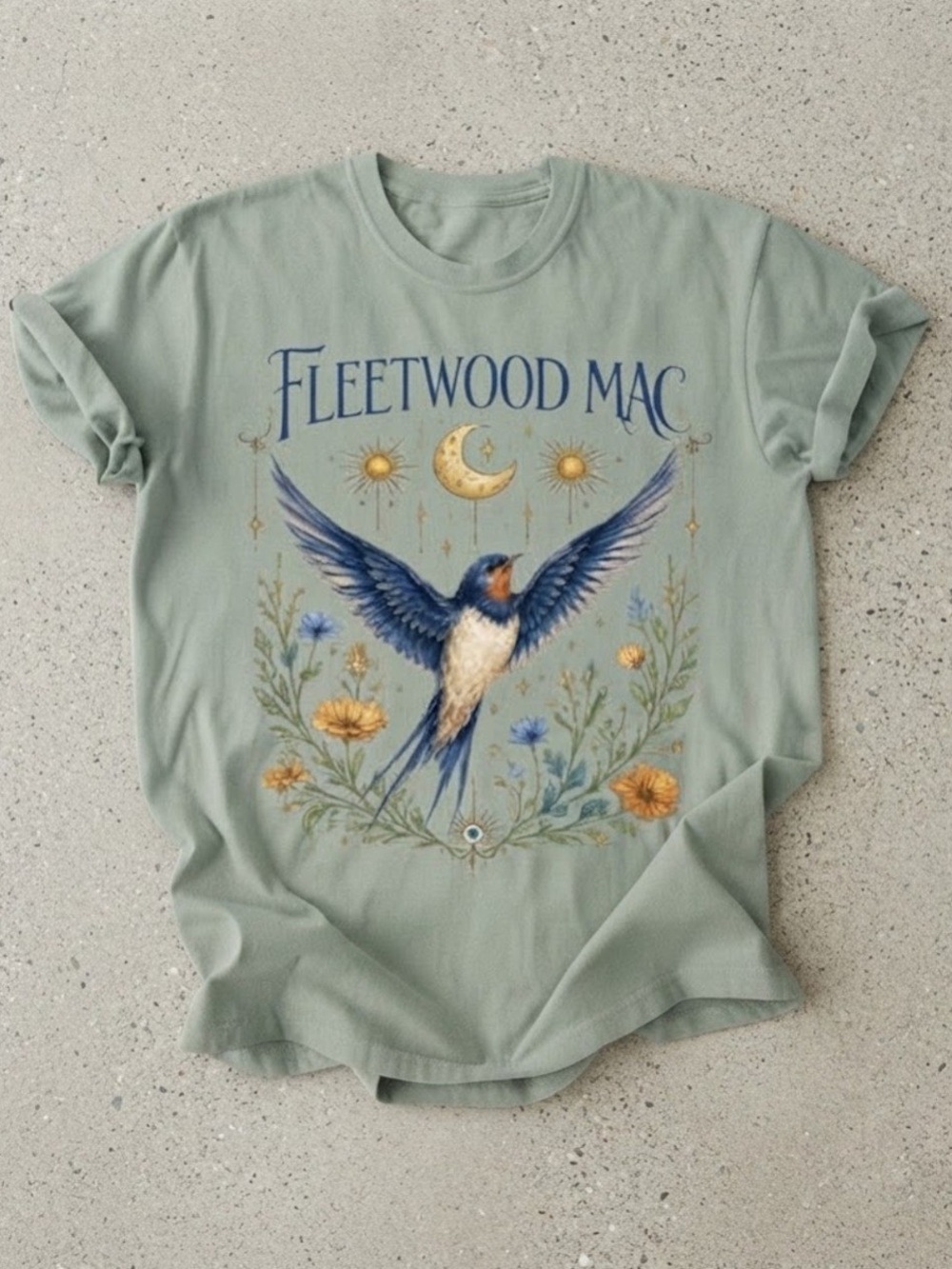 Fleetwood Mac Blue Bird Moon Flower Sage Green Comfort T-Shirt